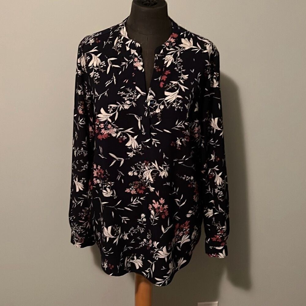 Hilary Radley Women's Black Floral Long Sleeve Split Neck Blouse